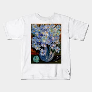 Blue flowers bouquet in a metallic sly blue vase Kids T-Shirt